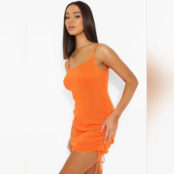 NWOT Boohoo Side Ruched Tie Knitted Beach Dress Sz Medium - Picture 2 of 5